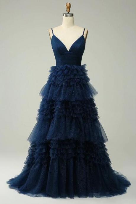 A Line Spaghetti Straps Navy Long Prom Dress With Ruffles