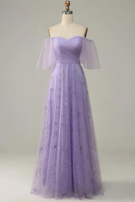 Off Shoulder Lavender Prom Dress With Ruffles
