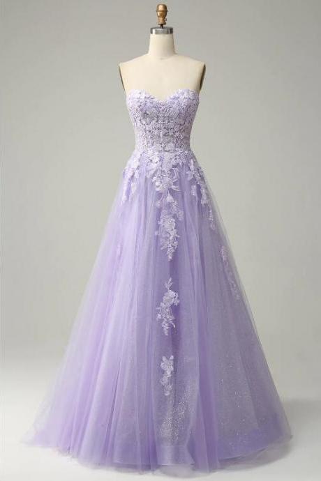 A Line Spaghetti Straps Long Purple Prom Dress With Appliques