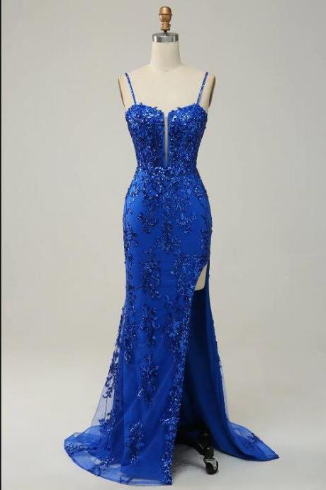 Mermaid Spaghetti Straps Royal Blue Sequins Long Prom Dress With Split Front