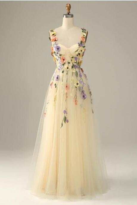Champagne Spaghetti Straps Prom Dress With 3d Flowers