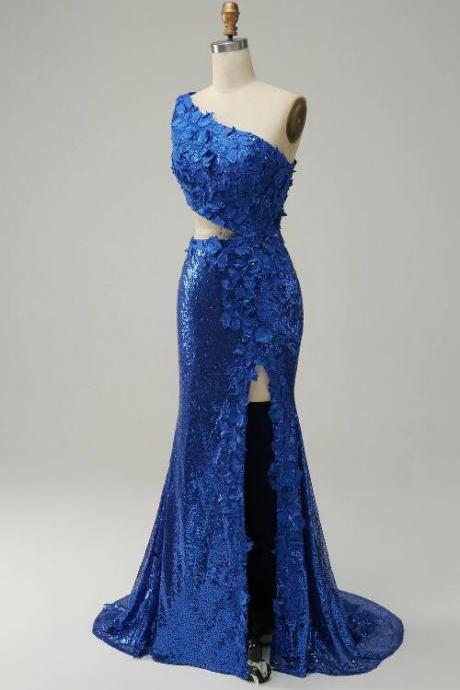 Mermaid One Shoulder Royal Blue Sequins Cut Out Prom Dress With Split Front