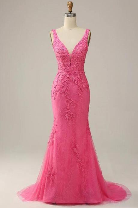 Mermaid Deep V Neck Pink Long Prom Dress With Open Back