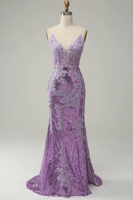 Mermaid Spaghetti Straps Purple Long Prom Dress With Appliques
