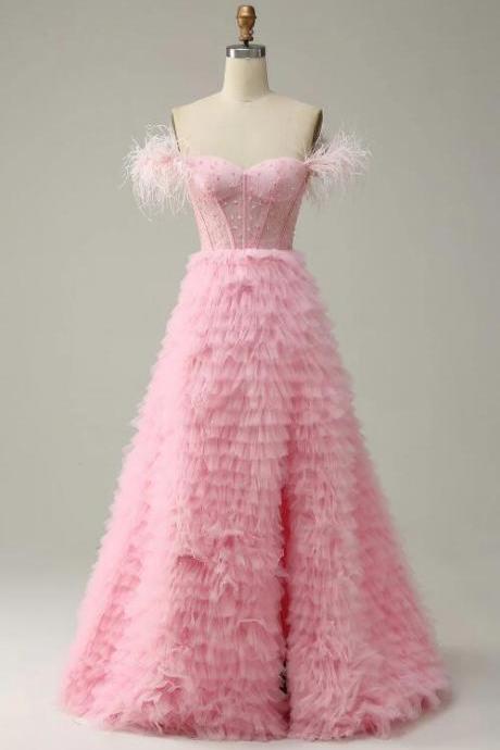 A Line Off The Shoulder Pink Corset Prom Dress With Ruffled Feathers