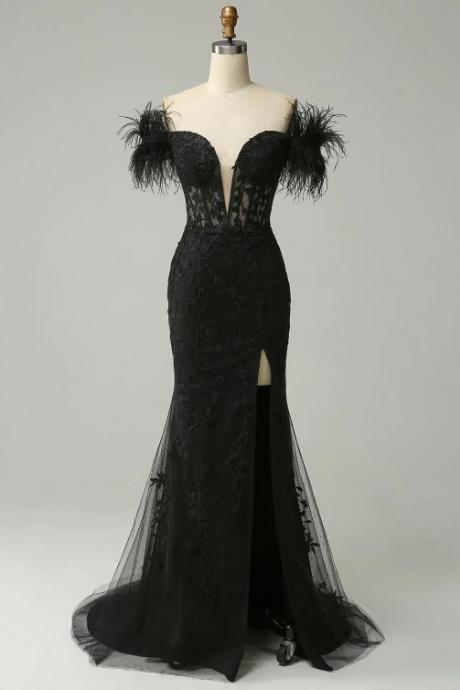 Off The Shoulder Black Mermaid Prom Dress With Feathers
