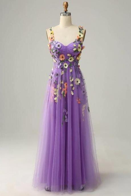 A Line Purple Spaghetti Straps Prom Dress With 3d Flowers