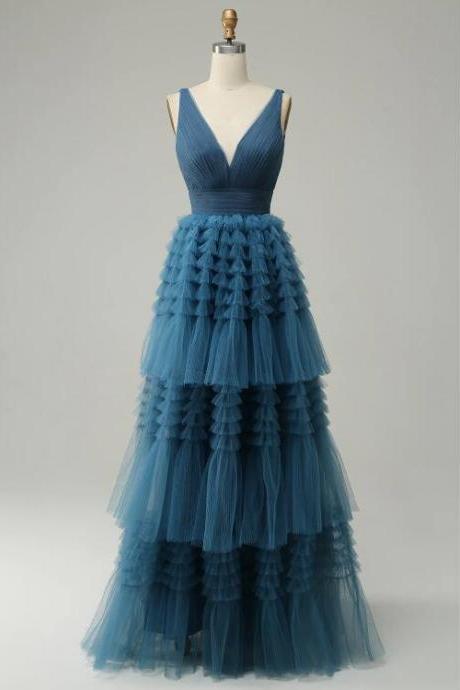 A Line V-neck Blue Long Prom Dress With Open Back