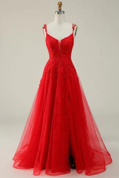 A Line Spaghetti Straps Red Long Prom Dress With Appliques