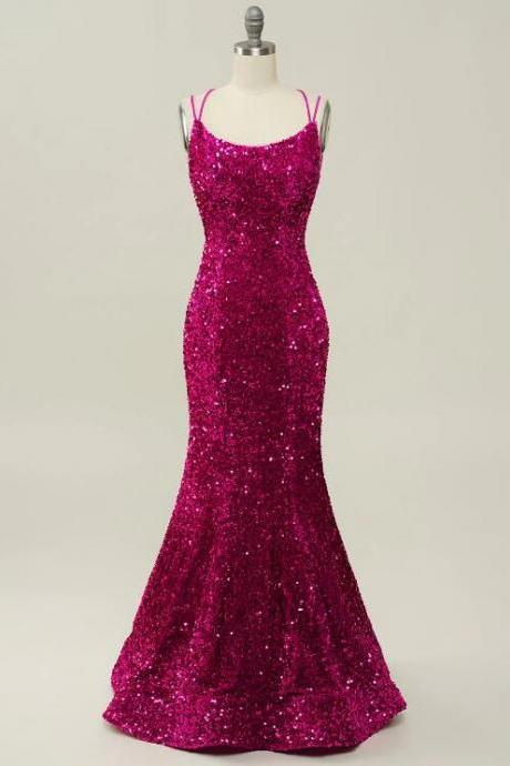 Pink Sequin Spaghetti Straps Mermaid Prom Dress With Lace-up Back