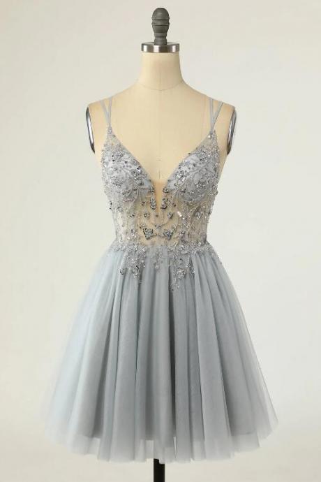 Gorgeous A Line Spaghetti Straps Grey Short Cocktail Dress With Beading