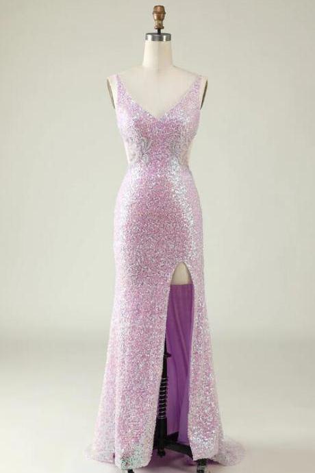 Sheath V Neck Lilac Sequins Long Prom Dress With Split Front