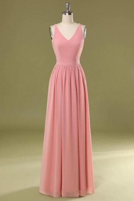 Simple Pink Long Bridesmaid Dress