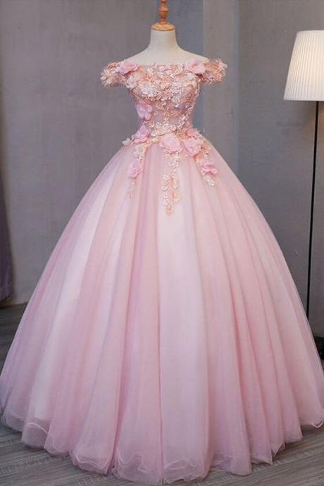 Off Shoulder Pink Tulle Puffy Long Formal Prom Dress