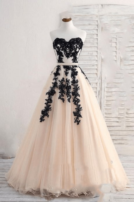 Champagne And Black Lace Prom Dress