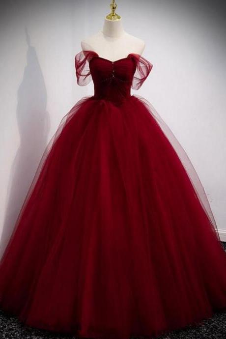 A Line Sweetheart Tulle Long Prom Dress, Burgundy Evening Dress