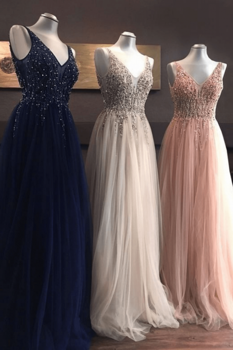 A Line Royal Blue Tulle Prom Party Dress With Beaded