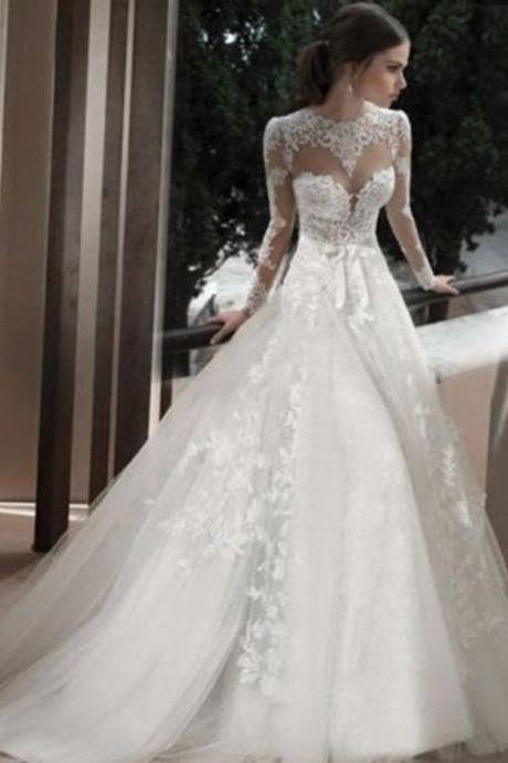 Weddings Berta Long Sleeve Sheer Lace Wedding Dresses 2016 Applique Vestido De Novia A Line High Neck Chapel Train Backless Bridal Gowns