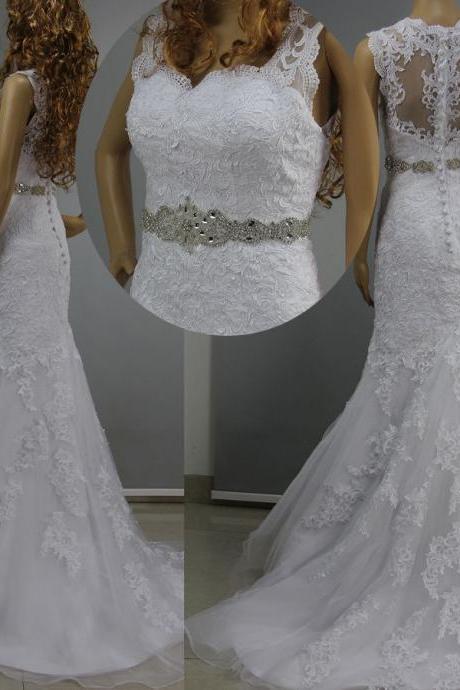 Weddings Mermaid White Lace Wedding Dress 2015 Cap Sleeve V Neck Button Lace Applique Sweep Train 2016 Bridal Gowns