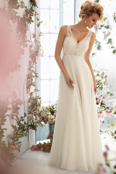 Weddings A Line Lace Wedding Dresses 2016 New Deep V-Neck Long Sleeve Open Back Bridal Gowns With Train2016 New Hot Selling V Neck Wedding Dress A Line Chiffon Appliques Backless Sweep Train White or Ivory Bridal Gowns