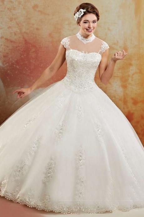 Weddings New Princess High Neck Sheer Crystals Beading Chain White Quinceanera Dresses Organza 2016 Plus Size Vestidos