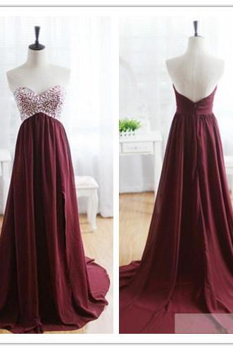 PGA55 Evening Dress, Maroon Evening Dress, 2016 Evening Dress, Sweetheart Evening Dress, Beads Evening Dress, Wine Red Evening Gown with Long Train