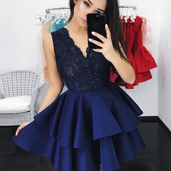 Dark Blue V Neck Lace Short Prom Dress, Homecoming Dress,Party Dress ...