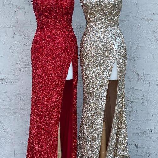 Glamorous Spaghetti-Straps Sequins Evening Gown Mermaid Sleeveless