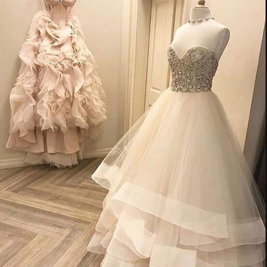 Cute white tulle long prom dress, white formal dress