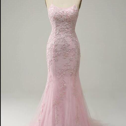 Trendy Mermaid Spaghetti Straps Light Pink Long Prom Dress with Lace main image 0