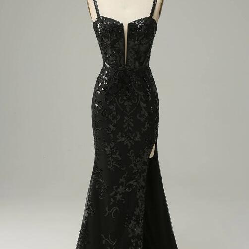 Sequins Black Halter Sleeveless Mermaid Prom Dress With Split