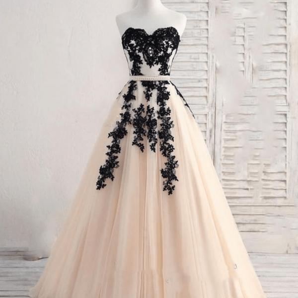 Champagne and Black Lace Prom Dress