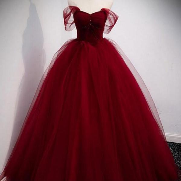 A Line sweetheart tulle long prom dress, burgundy evening dress