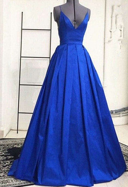 Ruffle Light Blue V-Neck Satin Prom Dress with Straps main image 1