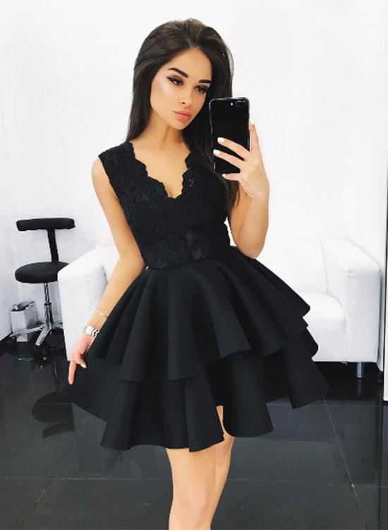 Black Lace A Line Short Prom Dress, Black Homecoming Dress, Cute ...