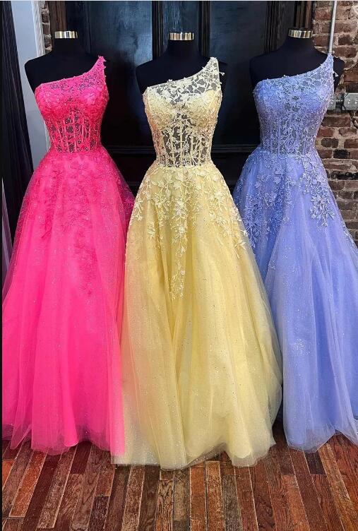 Lilac Elegant A-Line One Shoulder Long Prom Dress With Appliques,DP1147