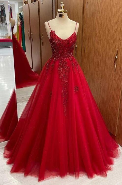 A Line Straps Lace Up Beaded Red Tulle Prom Dress LBQ3800 main image 1