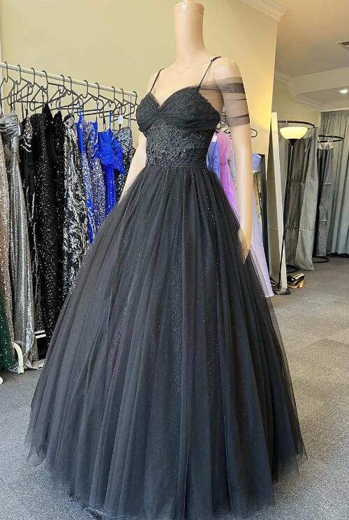 Princess V Neck Black Tulle Cold-Shoulder Long Prom Gown Formal Dresses main image 1