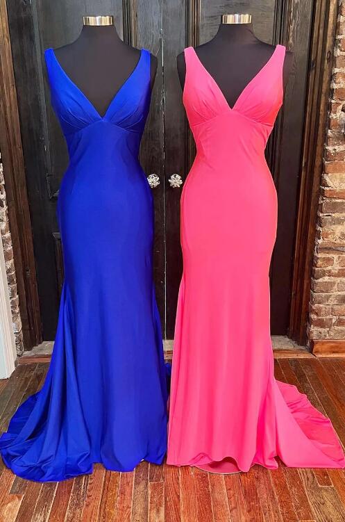 Elegant Long Mermaid Royal Blue V-neck Sleeveless Lace Prom Dress With Slit