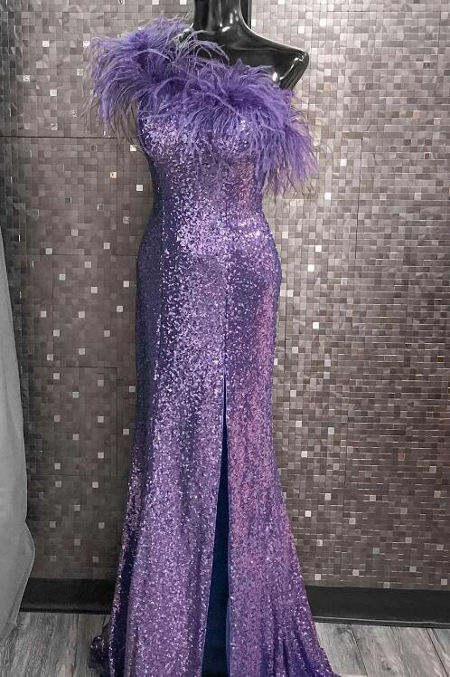 Royal Blue Sequin Feather One Shoulder Maxi Dress