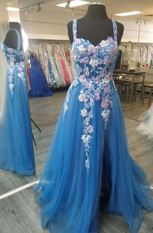 Sweetheart A Line Satin Blue Puffy Sleeve Prom Dress With Slit