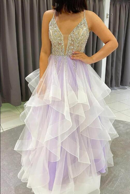 Lace Appliqued And Beaded Long Dresses Lavender