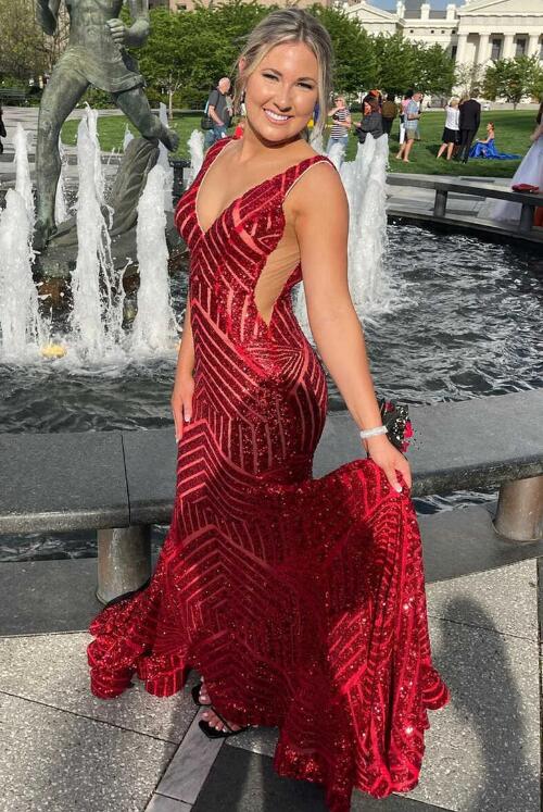 Glamorous Mermaid Plunging-V-Neck Dramatic-Ruffled Long-Sleeve Long Length Evening Dresses main image 0