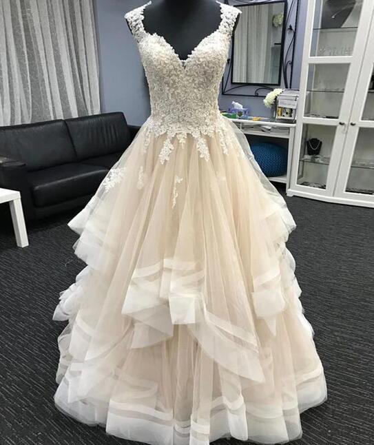 Unique champagne lace tulle long wedding dress, bridal dress