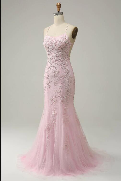 Light Pink Straps Satin Mermaid Long Party Dress Birthday Outfits DP3868