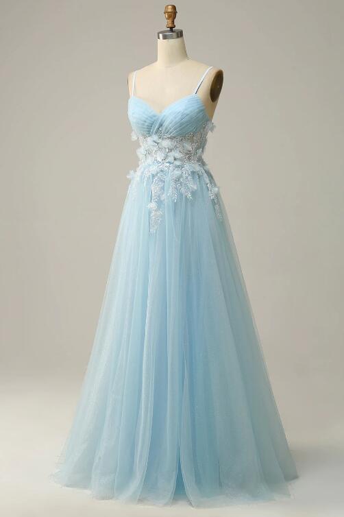 A Line Spaghetti Straps Sky Blue Prom Dress With Appliques on Luulla