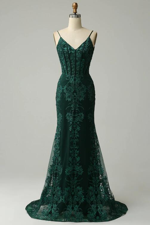 Mermaid Spaghetti Straps Peacock Green Prom Dress With Appliques on Luulla