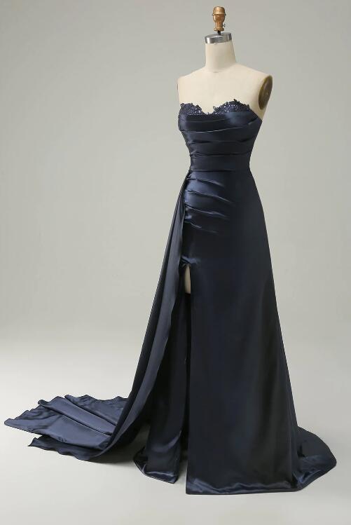 Ruched Dark Navy Prom Dresses with Split main image 1