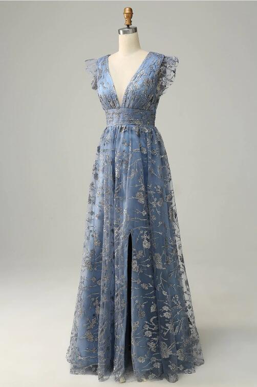 A Line Halter Grey Blue Plus Size Prom Dress with Embroidery