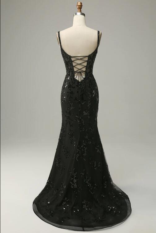 Vintage Mermaid Spaghetti Straps Black Tulle Long Prom Dresses Evening Dress